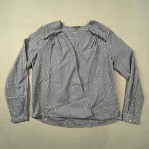 Lilla P Top Womens Sm Blouse Ruffles Poplin Striped V Neck Preppy Teacher